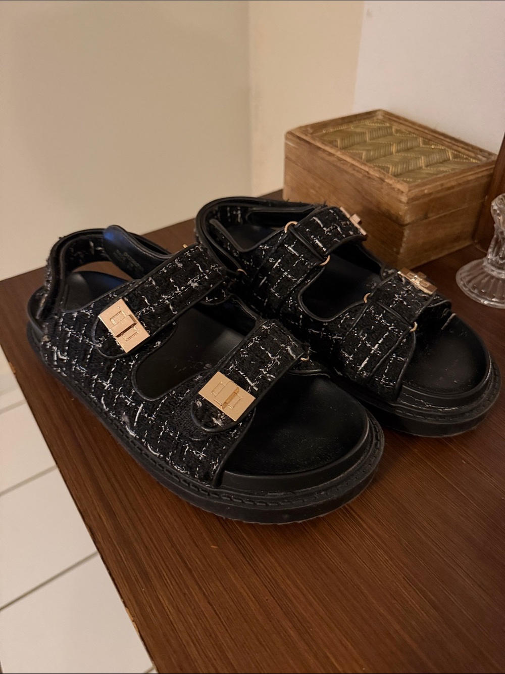 Black Tweed Double-Strap Sandals with Gold Buckles